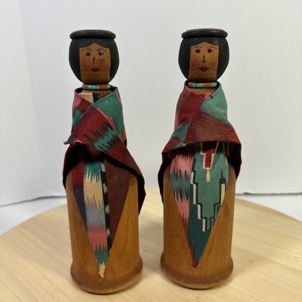 Vintage Wooden Set Native American Indian Wooden Candlestick Figures Holders
